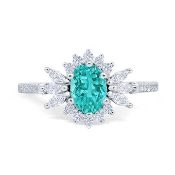 Vintage Oval Engagement Ring Simulated Paraiba Tourmaline 925 Sterling Silver